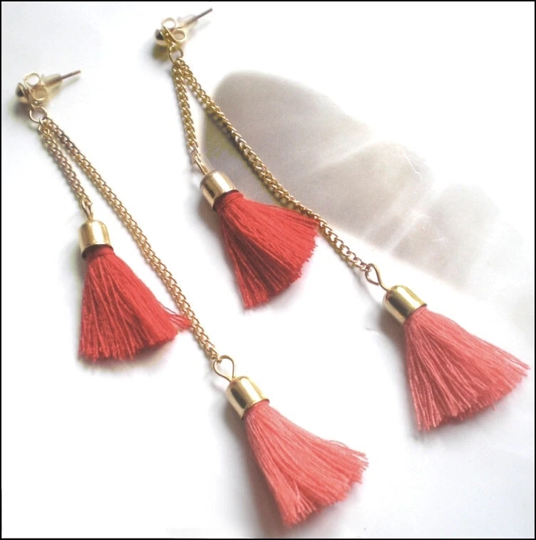 Boucles d'Oreille Neuves Pompons Corail Monté Or - Photo 2/3