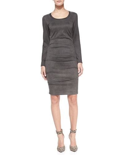 NICOLE MILLER GREY LONG SLEEVE RUCHED COCKTAIL DRESS SZ SMALL $420 BS10054 - Picture 1 of 6