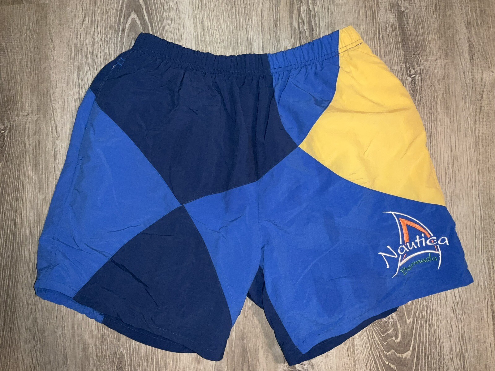 Vtg 90s Nautica Swim Trunks Mens L Yellow & Blue Colorblock Mesh Lined Baggies