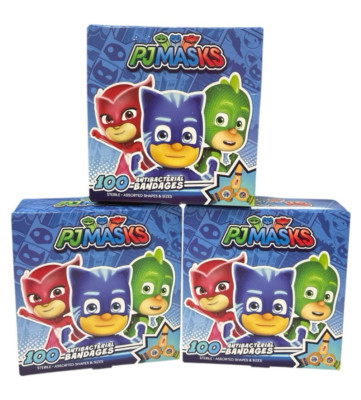 3 Boxes of 100 = 300 PJ Masks Antibacterial Bandages Round & 2 Sizes Strips