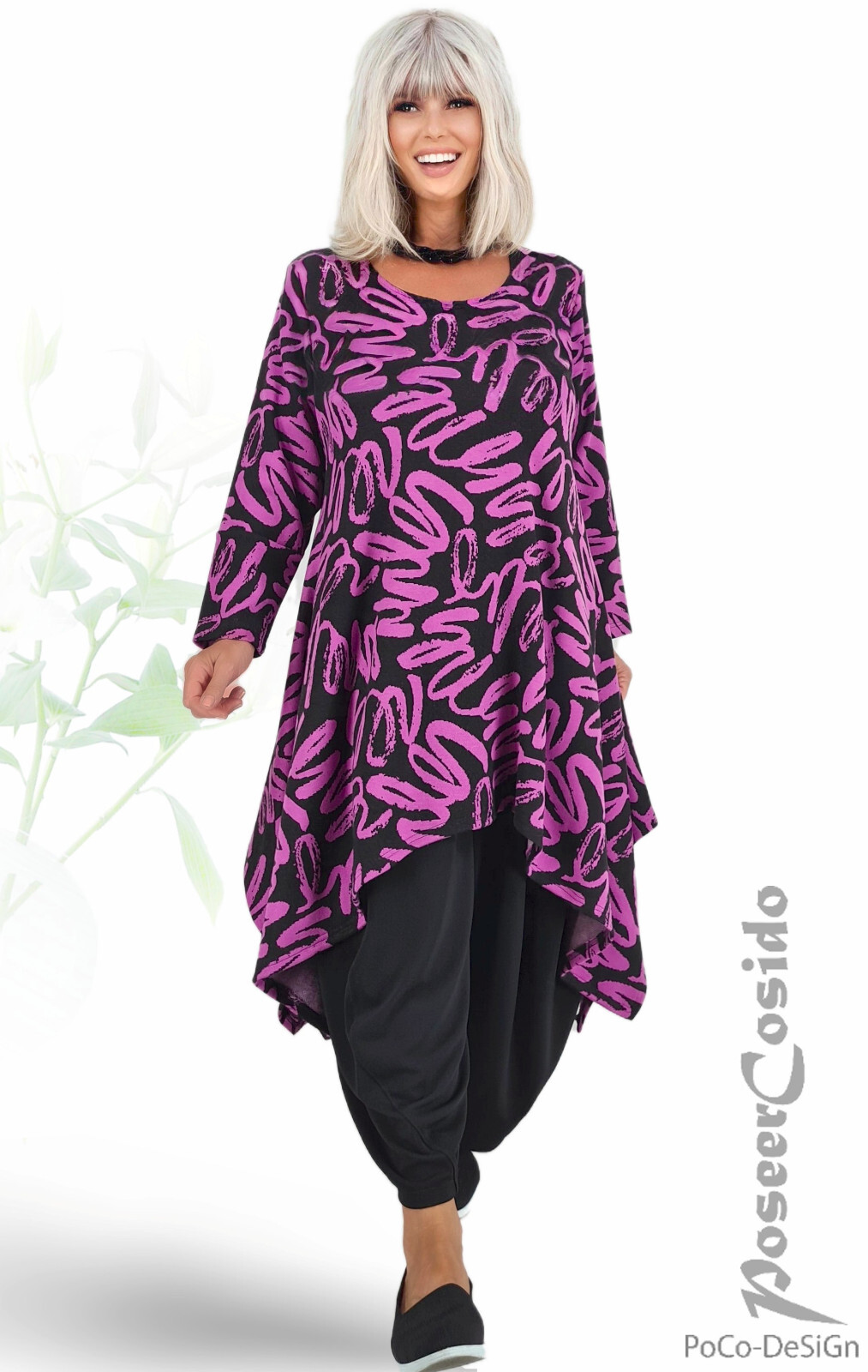 LAGENLOOK Pullover-Strick-Kleid schwarz cyclam 44 46 48 50 52 54 56 58 XL XXL