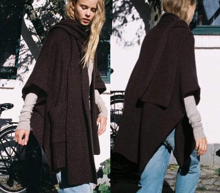 B372 ZARA ケープニットカーディガン　L XL ZARA BROWN OVERSIZED CHUNKY KNIT CAPE CARDIGAN WITH DRAPED NECK
