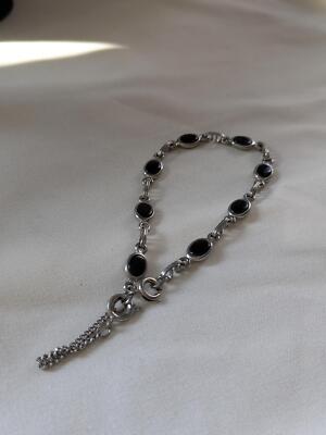 Black Onyx Link Bracelet, Silver Tone, Lobster Clasp