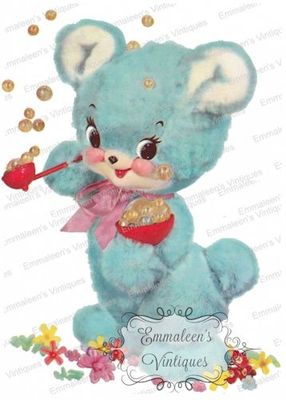 Vintage Image Shabby Nursery Blue Bear Blowing Bubbles Waterslide Decals AN584