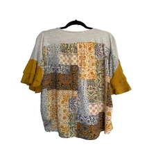 Umgee Ruffle Sleeve Mixed Pattern Patchwork Tee Women's LG Boho