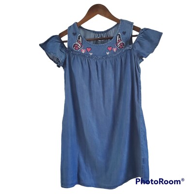 Epic Threads Chambray Embroidered Hearts Butterflys Girls Dress Cold Shoulder L
