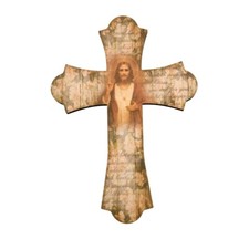 Sacred Heart Jesus 10" x 6" Laser Cut Wood Vintage Look Cross, Wall Hanging