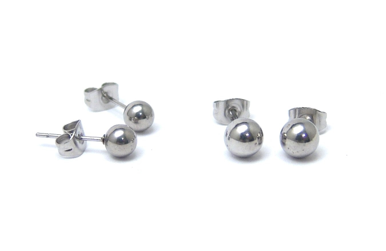 Surgical Steel Hypoallergenic Ball Stud Earrings 5mm & 6mm 2-Pair Set-image