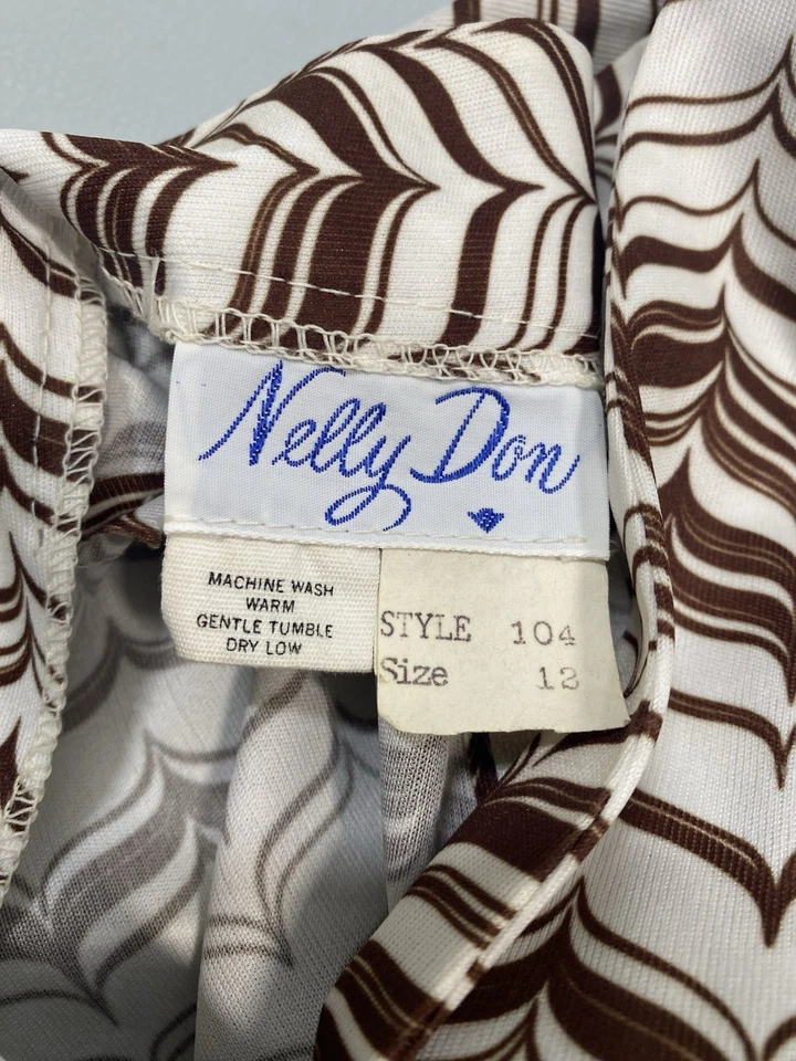 Vintage Dress SIZE MEDIUM 12 white brown zig zag NELLY DON 70s 80s modest - Image 2 of 4