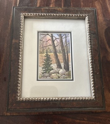 Vtg Original Mini Woodland Watercolor 2x3 ; Signed; L.  Sternard 5.5 x6.25 Frame