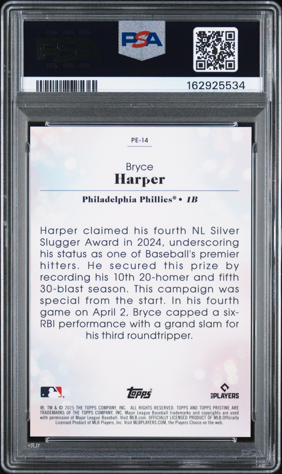 2025 Topps Pristine #PE-14 Bryce Harper Pearlescent SP PSA GEM MINT 10 view 2