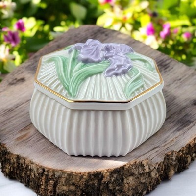 Lenox The Painted Iris Box Purple Iris Flower Lidded Trinket Ring Box NIB