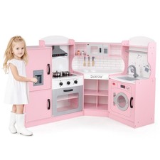 Corner Play Kitchen Toddler Kitchen Playset w/Range Hood, Ice Maker, Microwave