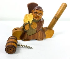 Vintage Rare Hand Carved Wooden Monk Barware Set w Corkscrew, Opener & Syringe