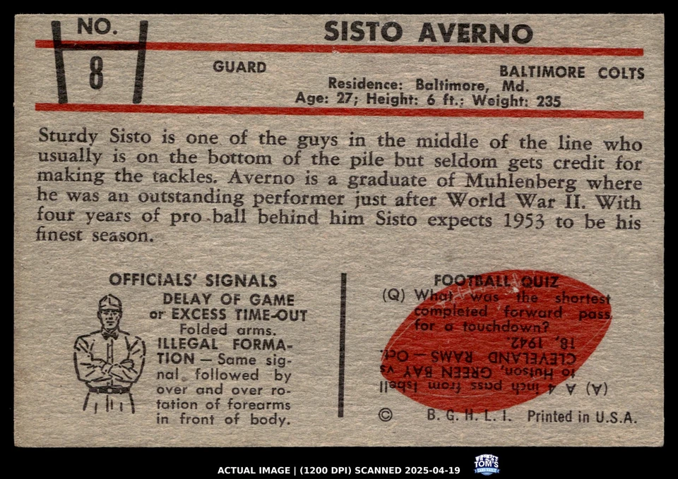 1953 Bowman #8 SISTO AVERNO Baltimore Colts RC NM - Image 2 of 2