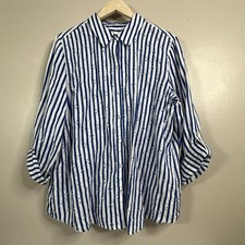 Chico's Linen Fun Stripe Blue White Shirt Size 2 US L Cotton Linen shirt