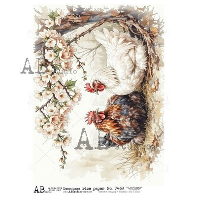 Floral Hen Duo #7439 | A4 Rice Paper for Decoupage | AB Studios