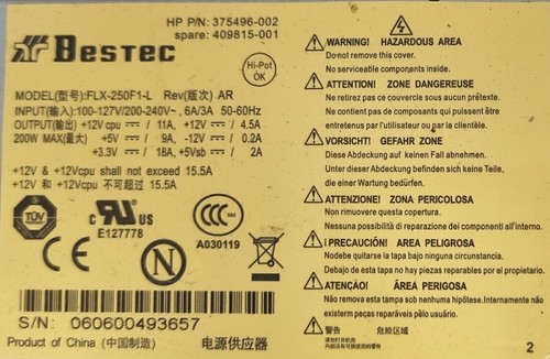 HP 375496-002 FLX-250F1-L 200W Power Supply - Afbeelding 3 van 3