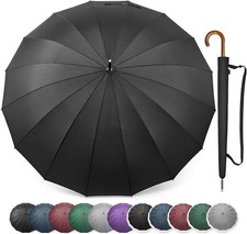 54 Inch Large Windproof Umbrella for 2 Persons, 16 Ribs Auto Open Classic Wooden