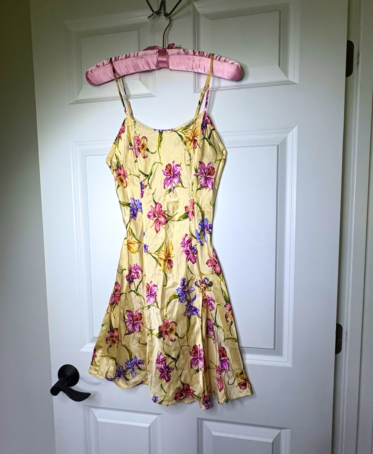 Vintage Victoria's Secret silk slip dress in yellow, pink, and purple floral