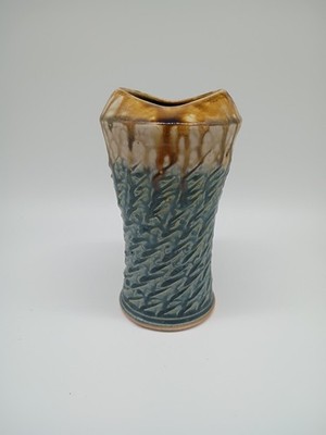 Handmade Studio Art Pottery Vase By ''DS'' Pinched Rim Blue Brown Drip Glaze 7''