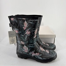 A New Day Vicki Mid Calf Waterproof Rubber Rain Boots Womens 11 Black Floral
