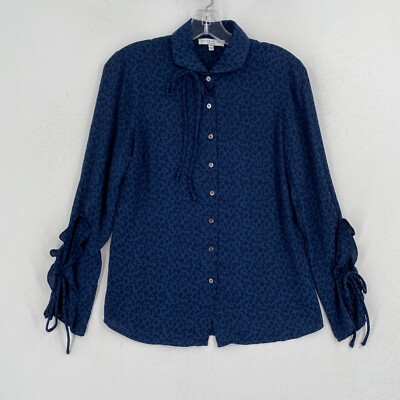 Anthropologie Current Air Button Up Top Size XS Blue Animal Print Ties Ruffle
