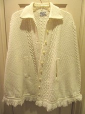 Vintage British Vogue Wintuk Ivory Cableknit Fringed Poncho Sweater - Mint!