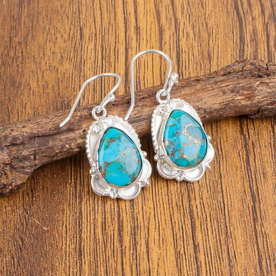 Natural Turquoise Dangle Earrings - Large Oval Statement Teardrop Bohemian Hoop Earrings For Women - View #10