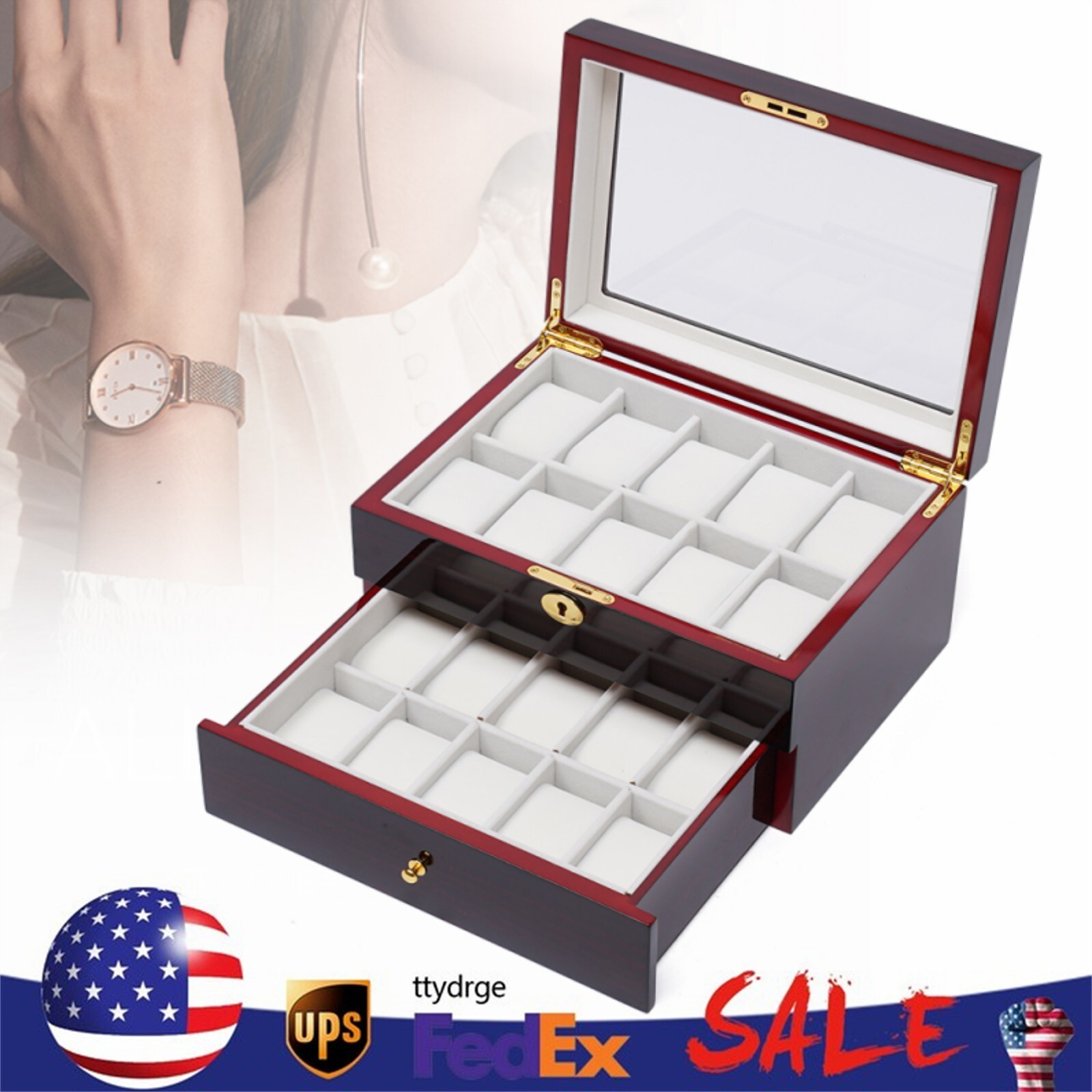 20-Slot Wooden Watch Box with Glass Top, Lock & Jewelry Storage Organizer