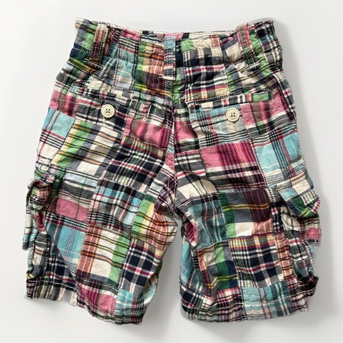 GAP Boys Madras Plaid Cargo Shorts Size 6 Adjustable Patchwork Preppy Y2K - Picture 2 of 19