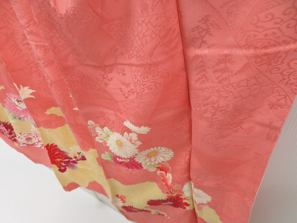 4214T13z820 Vintage Japanese Kimono Silk TSUKESAGE Peony Coral