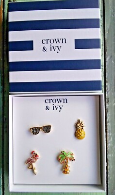 Crown & Ivy  4-piece gold tone Coastal Southern Christmas pin set NEW in box