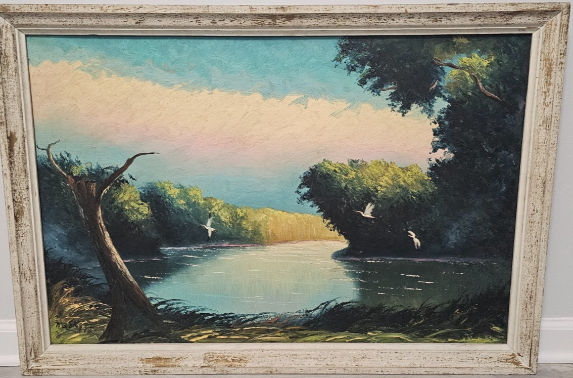 Florida Artist Hezekiah Baker '75 Signed Highwaymen Painting Oil Upson Riverbend