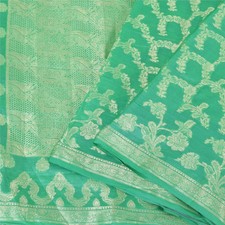 Sanskriti Vintage Light Green Sarees Pure Silk Hand Woven Sari 5Yd Craft Fabric