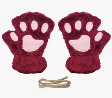 Cat Claw Bear Paw Burgundy Gloves Warm Plush Faux Fur Fingerless Mittens Gloves