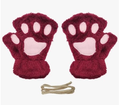 Cat Claw Bear Paw Burgundy Gloves Warm Plush Faux Fur Fingerless Mittens Gloves