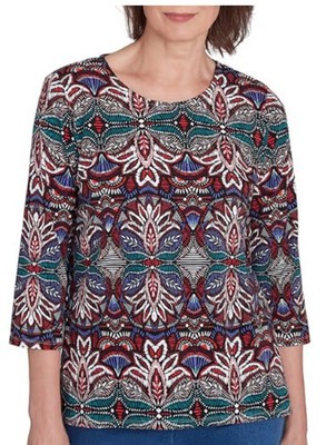 Alfred Dunner 1X Plus ''Key Items'' Blue Burgundy Lotus Mosaic Knit Shirt Top NWT