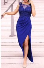 Lipsy Blue Maxi Dress 18 UK Lace Evening Party Occasion Prom Wedding Slit
