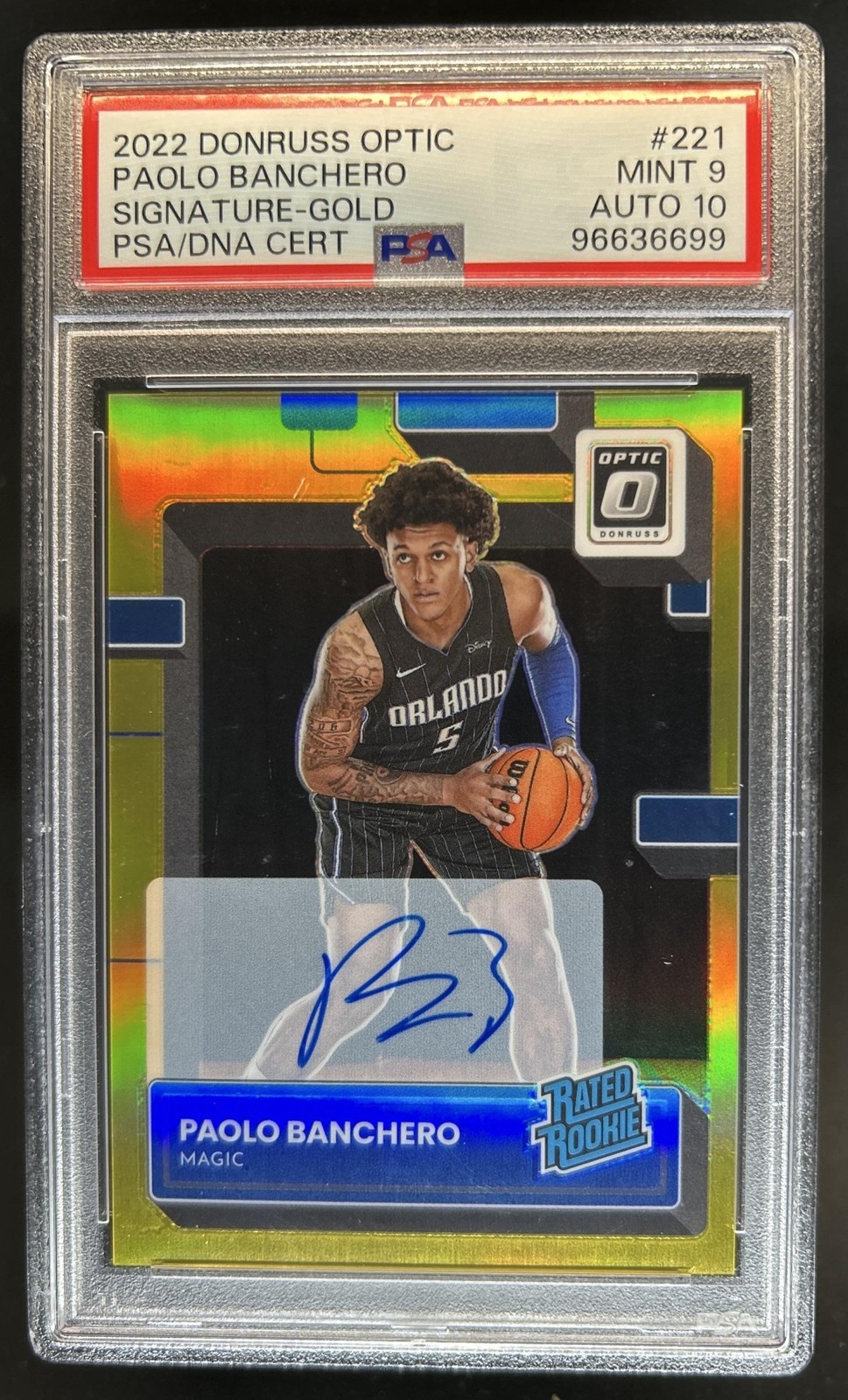 2022-23 Donruss Optic Paolo Banchero Rated Rookie Gold RC Auto #/10 PSA 9 10 view 1