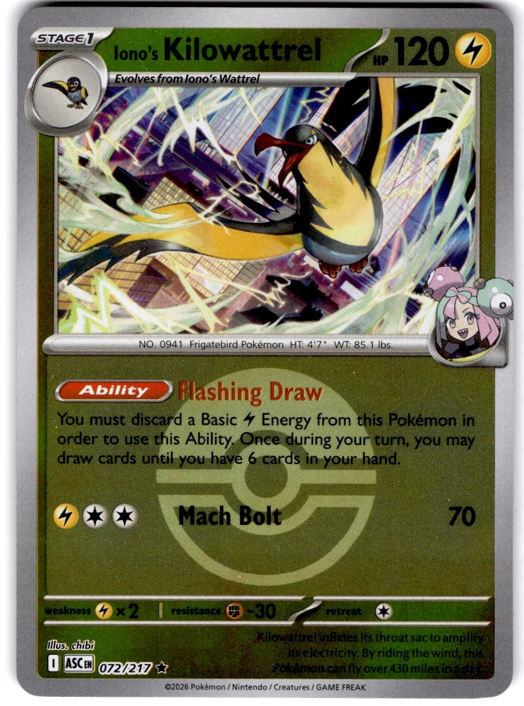 Pokemon Iono's Kilowattrel ASC 72/217 Pokeball Holo Near Mint English