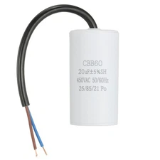 CBB60 Run Capacitor 20uf 450V AC 2 Wires 50/60Hz Cylinder 73x37mm White