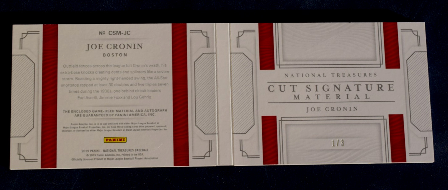 Joe Cronin 2019 National Treasures Cut Signature Material auto booklet 1/3 view 2