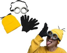 Adult Costume Set, Yellow Beanie Hat, Black Gloves and Silver Goggles, Unisex