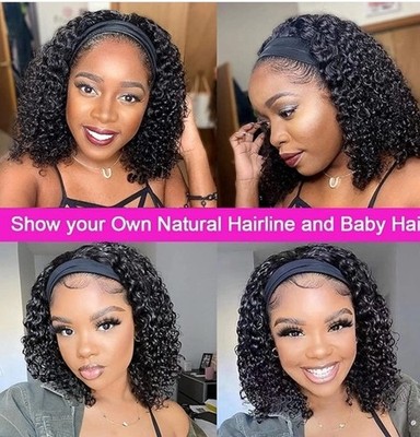 Rebasar 18 Inch Kinky Curly Headband Wig 100% Human Hair Glue-less Color Black