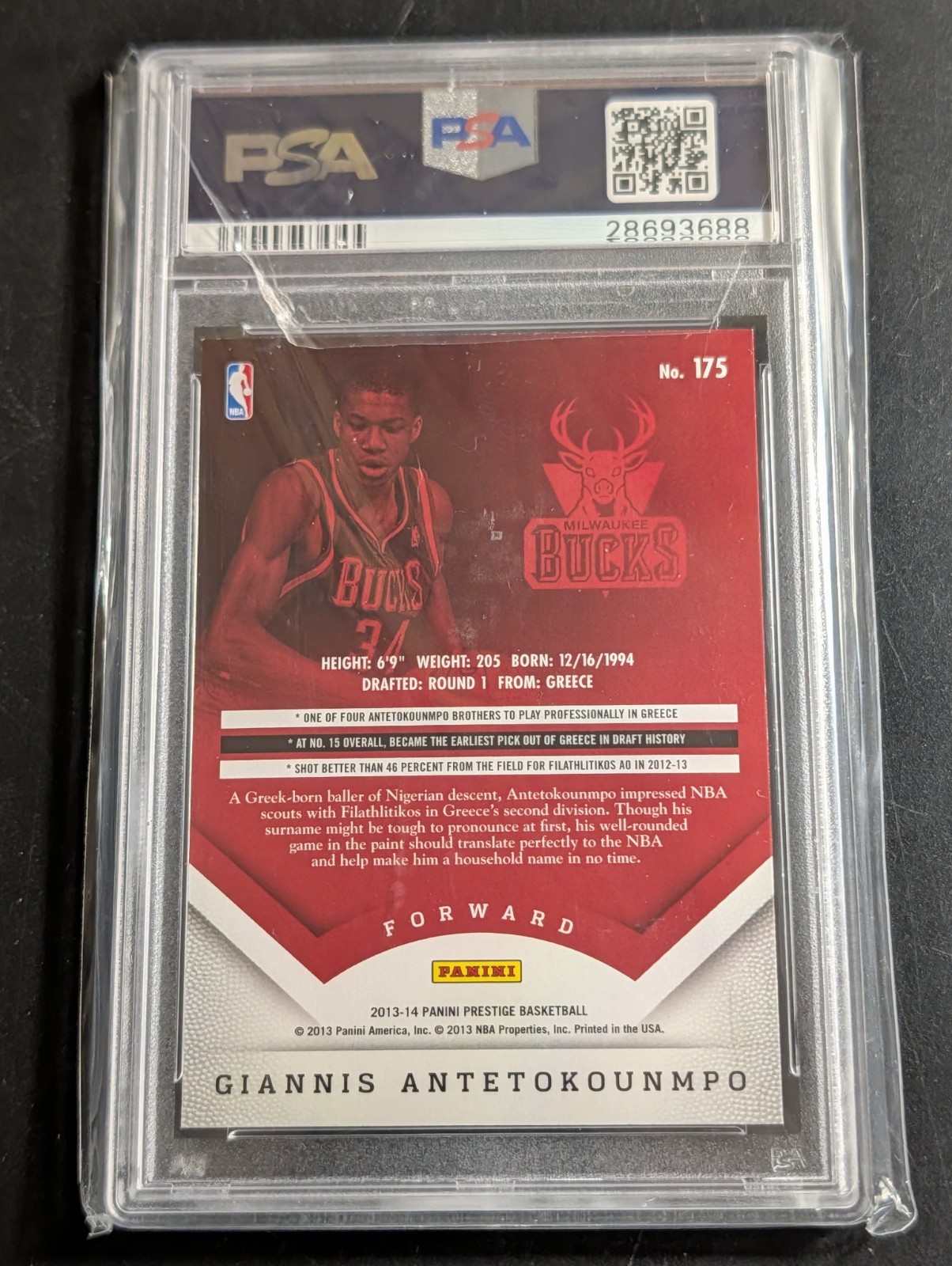 Giannis Antetokounmpo 2013-14 Panini Prestige Rookie #175 PSA 10 view 2
