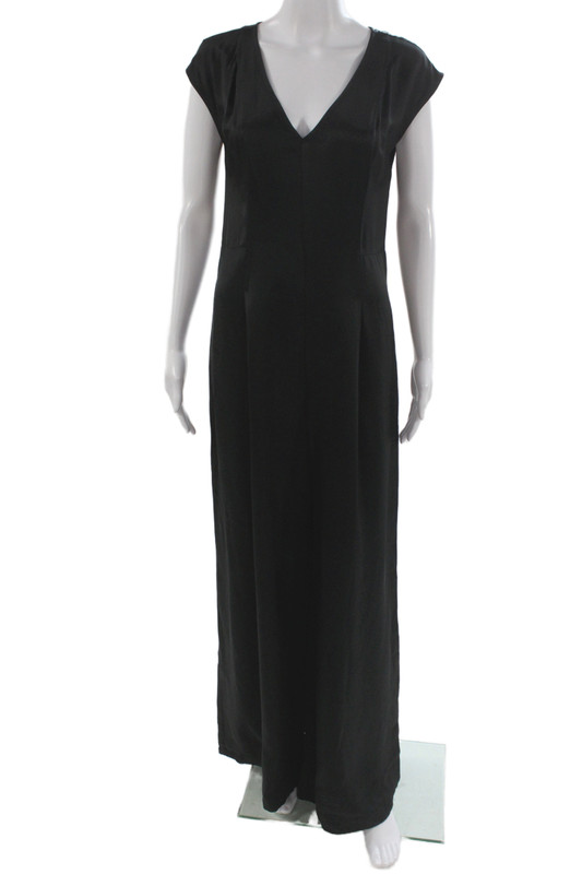 Madewell Women Black Satin Maxi Sheath Jumpsuit V-Neck Short Sleeve Size 6