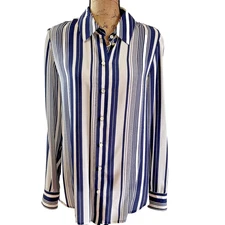 Carlisle Women's White Navy Striped Button Up Long Sleeeves Shirt Blouse Sz M
