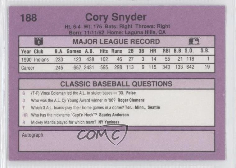 1991 Classic Cory Snyder #188 - Image 2 of 2