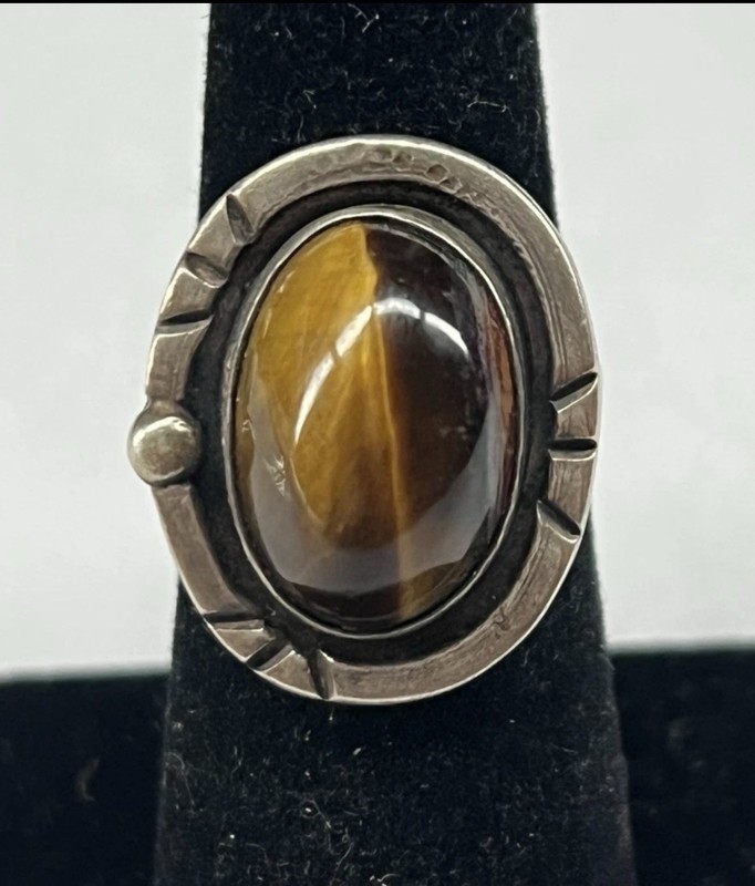VTG Sterling Silver NAVAJO ETCHED Brown Gold Cabochon Tiger Eye Ring Size 6.5 9g